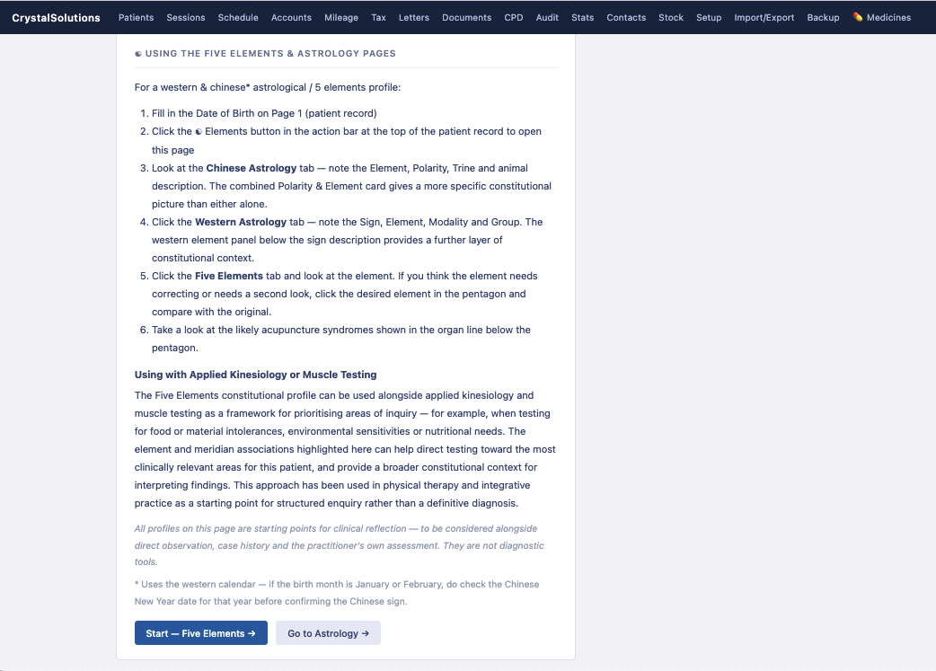 Profile tab — instructions for using the Five Elements and Astrology pages