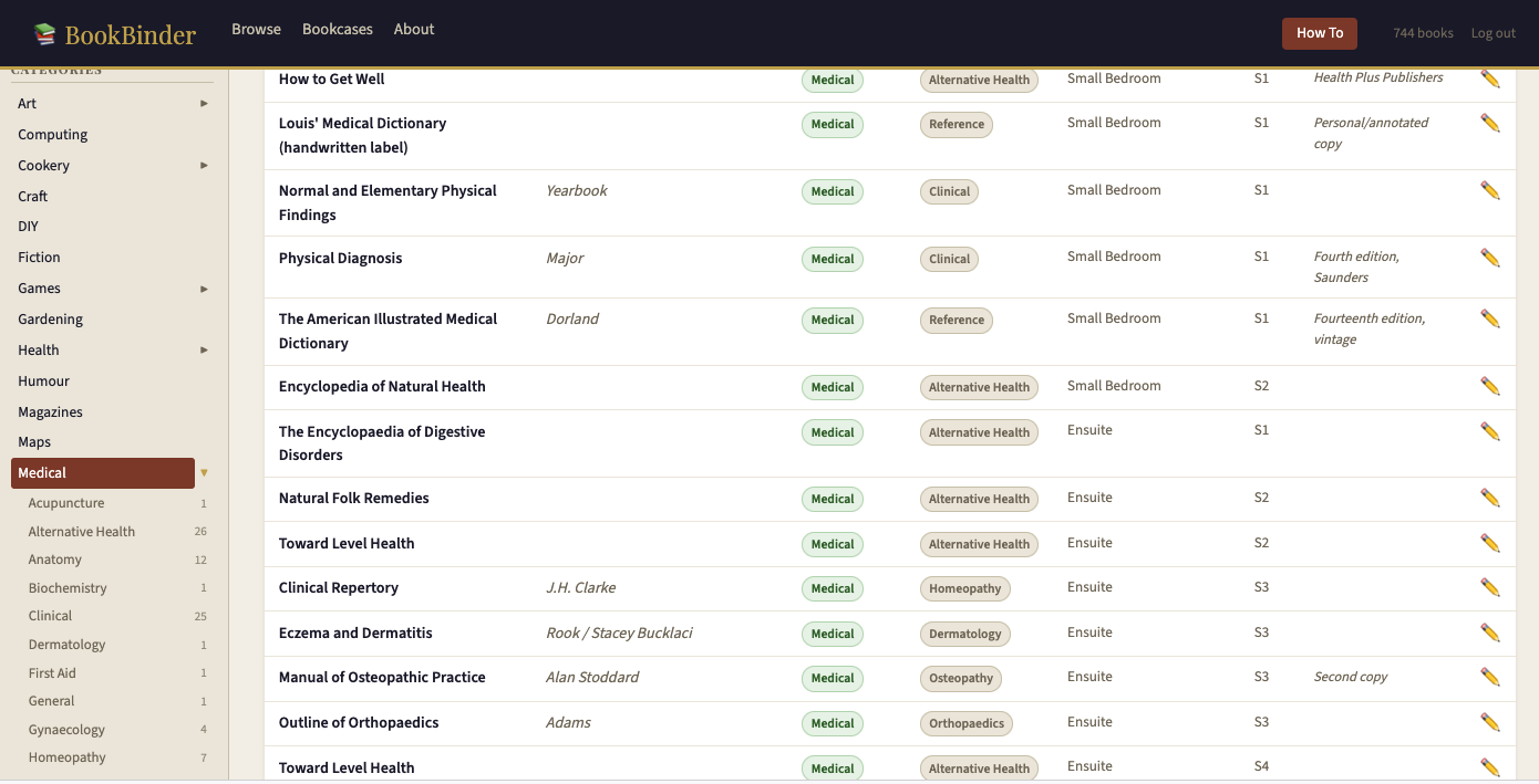 BookBinder browse view with Medical category expanded showing sub-categories