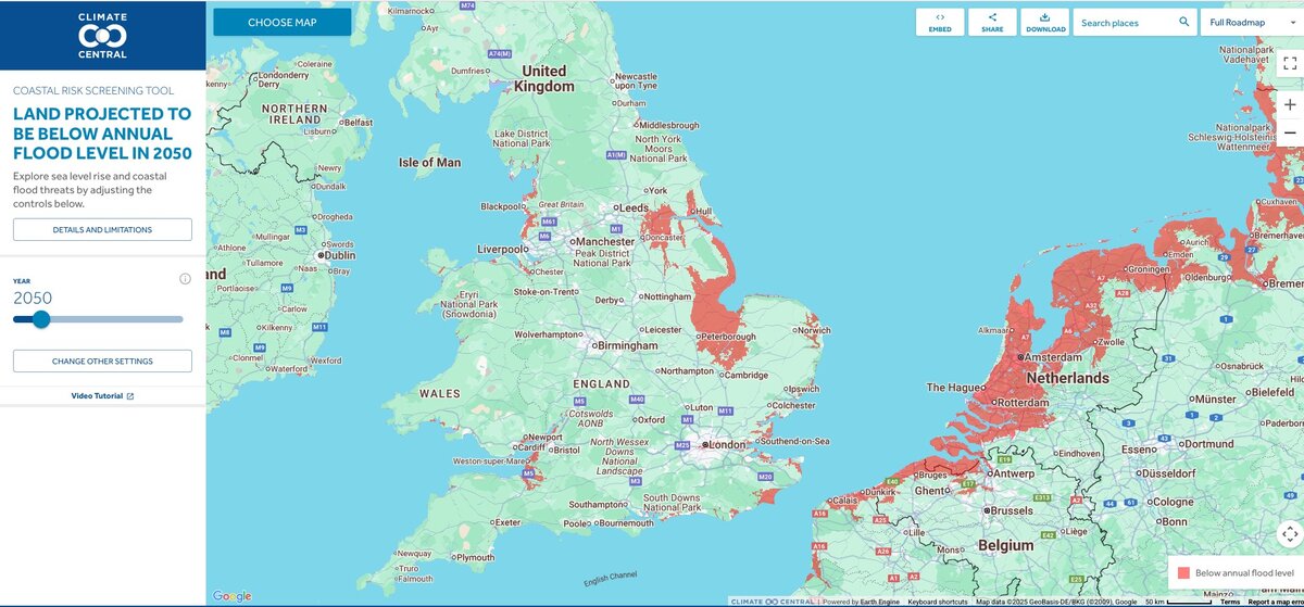 Climate Central map showing land projected to be below annual flood level by 2050 across northern England and the Fens