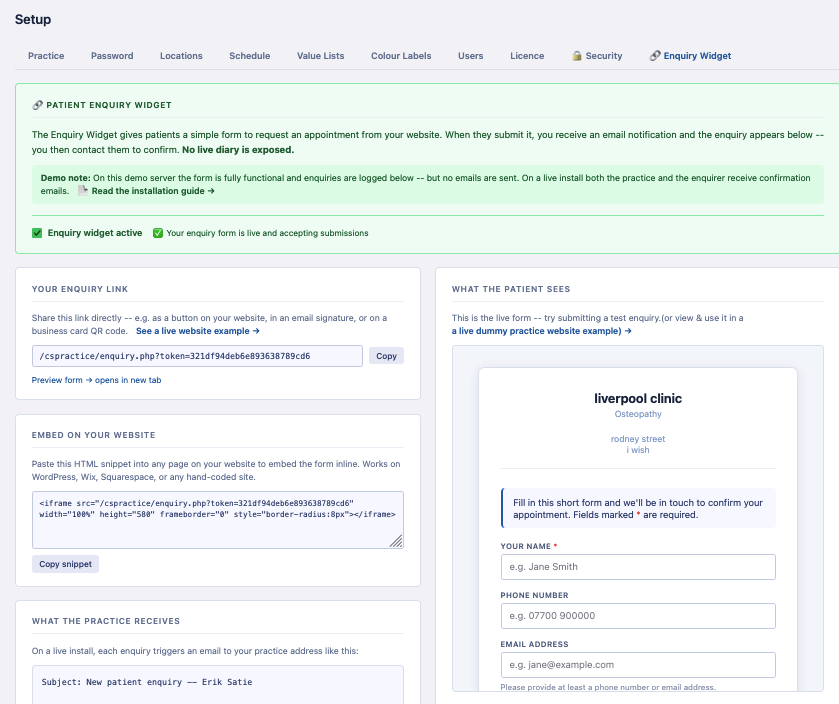 Enquiry widget setup