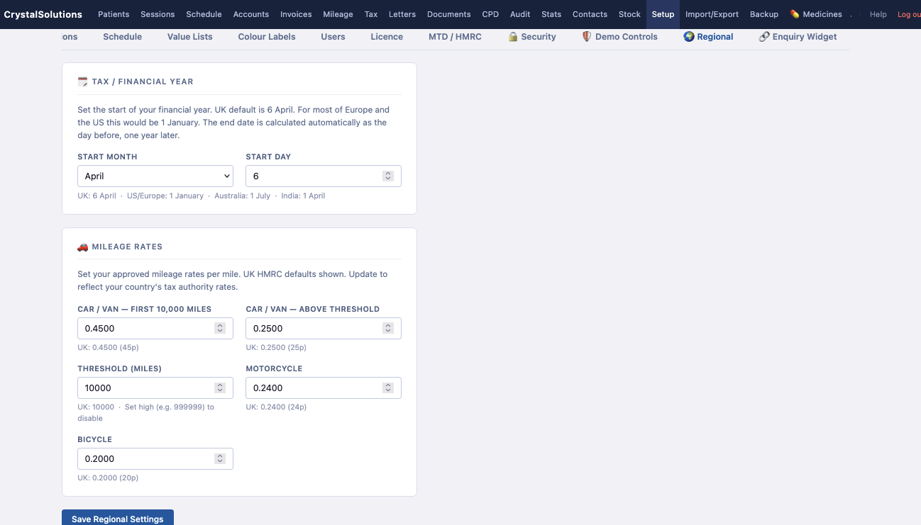 Setup — Regional tab