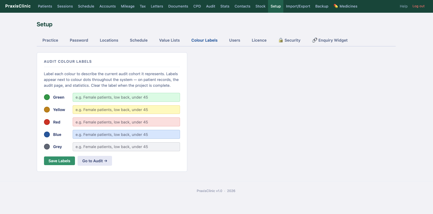 Setup — Colour Labels tab