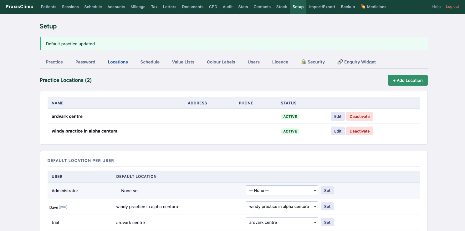 Setup — Locations tab