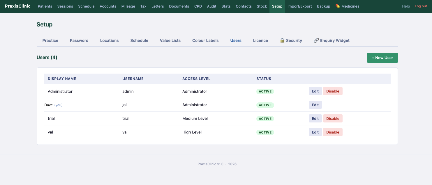 Setup — Users tab