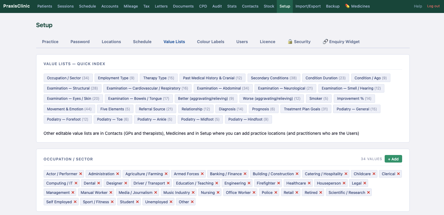Setup — Value Lists tab