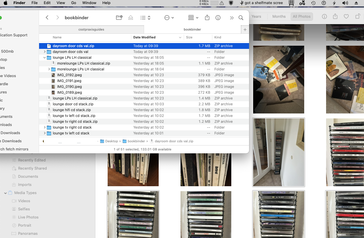 Finder window showing bookbinder folder with named zip files alongside CD stack photos