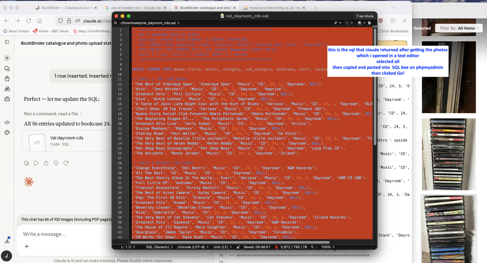 BBEdit showing SQL output from Claude with annotation explaining copy-paste into phpMyAdmin