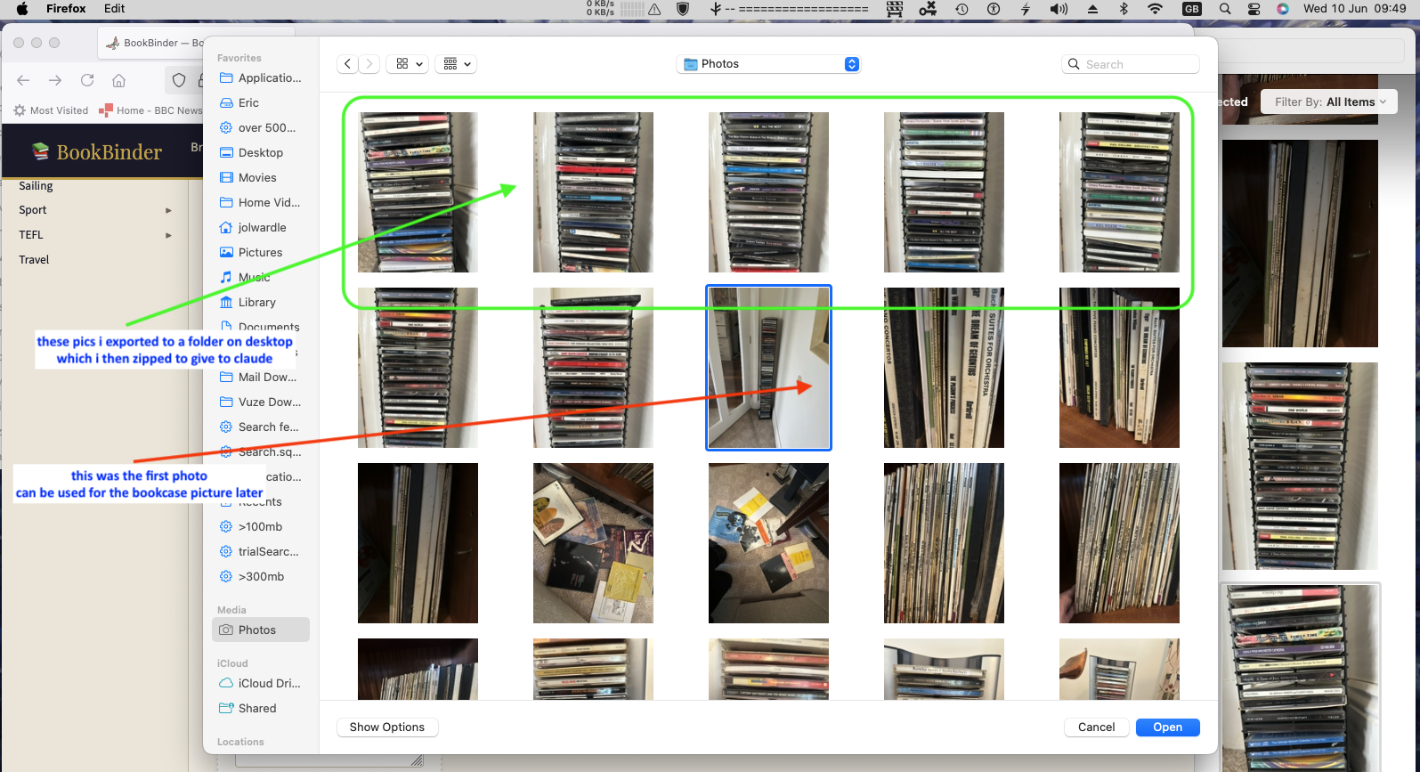 Photos app showing shelf sections selected, with arrows indicating the overview shot and section shots