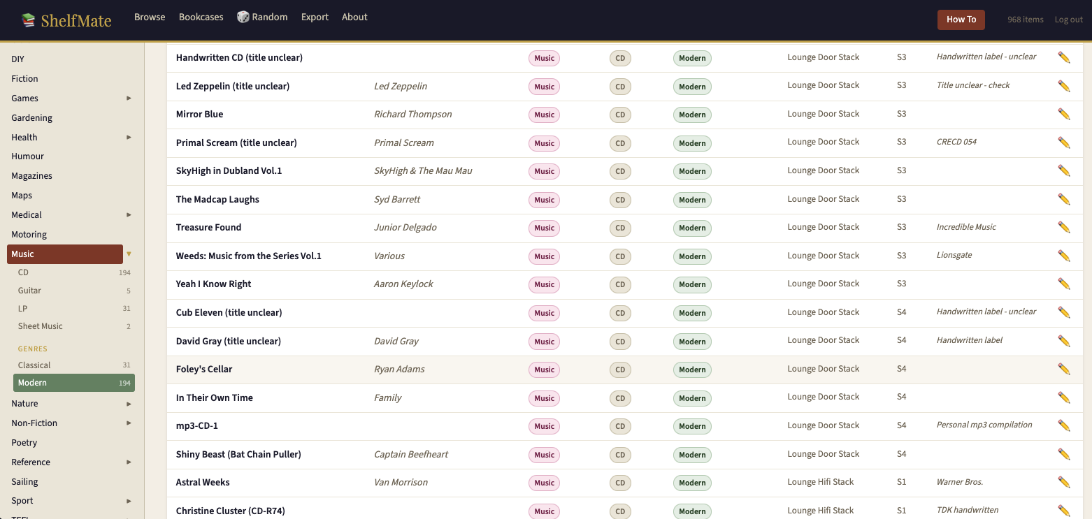 ShelfMate browse view showing Music sidebar with genres expanded