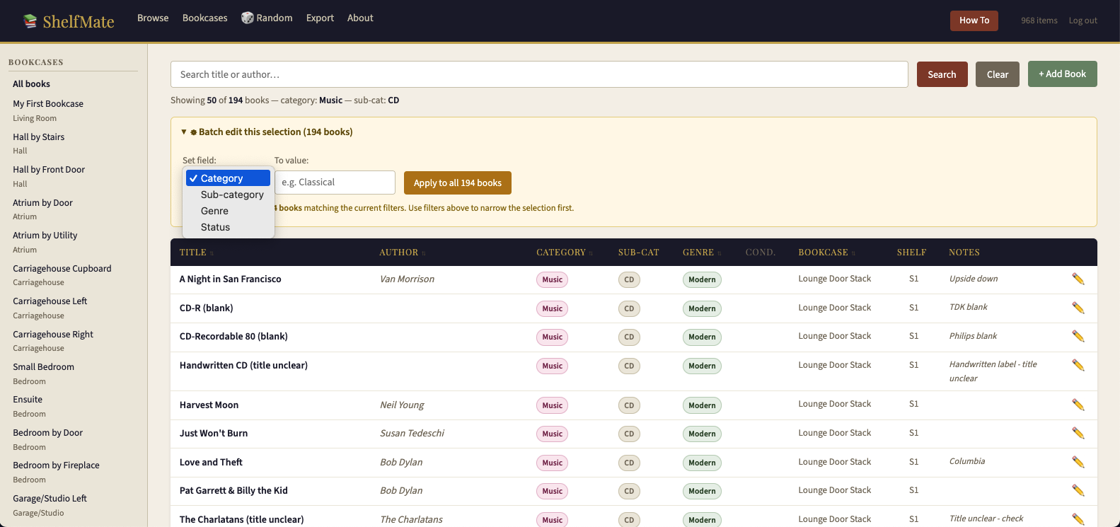 ShelfMate browse view with batch edit panel open showing field dropdown