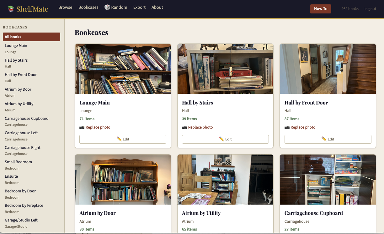 ShelfMate bookcases grid showing photos of real bookshelves and stacks