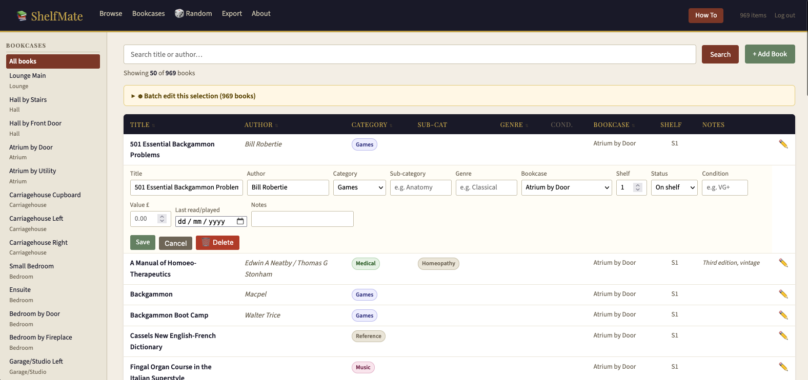 ShelfMate inline edit form showing genre, condition, value and last read fields