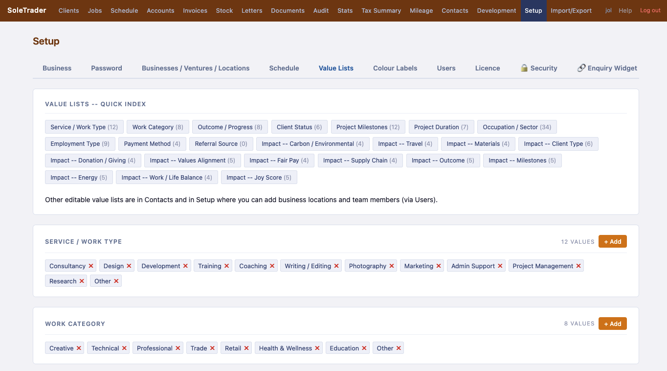 Setup value lists